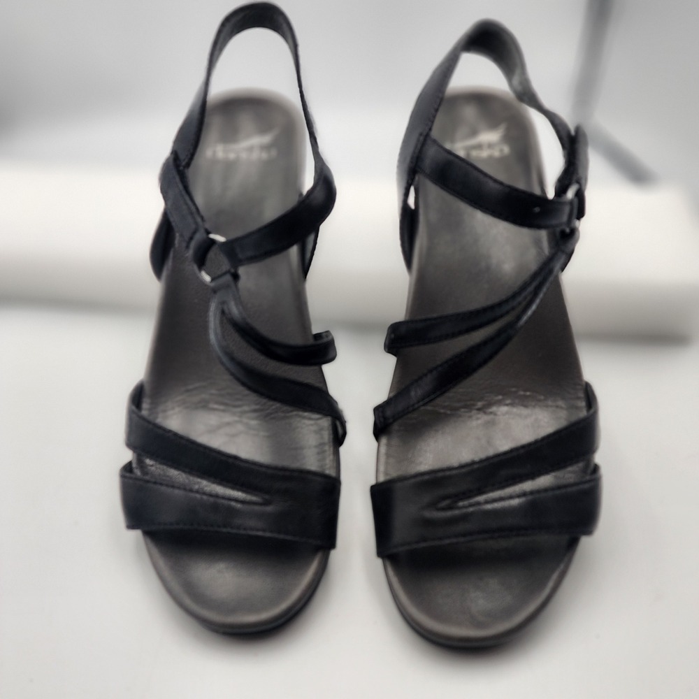 Dansko Black Leather Strappy Wedge Sandals